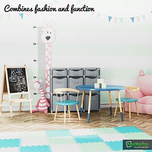 Colorful kids playroom with furniture and decor.