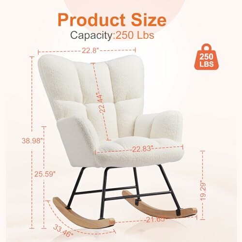 Modern white rocking chair with dimensions and 250 lbs capacity.