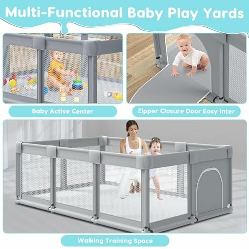 Multi-functional baby play yard with active center and zipper door.