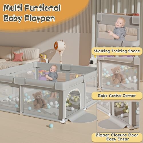 Multi-functional baby playpen with walking space and active center.