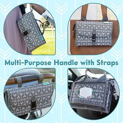 Gray patterned multi-purpose handle with straps in various uses.