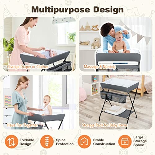 Multipurpose baby changing table with diaper changing, massage, nursing, and storage features.