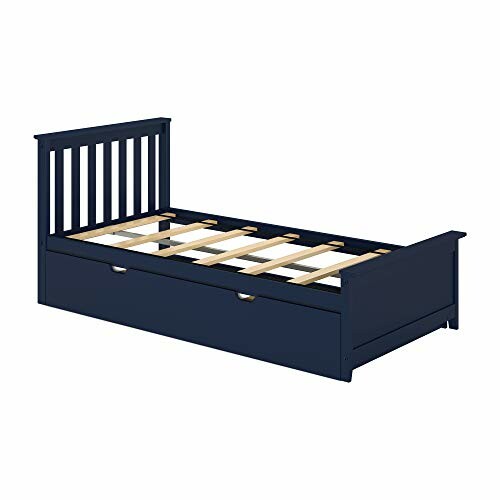 Navy blue twin bed frame with slatted headboard and pull-out drawer.