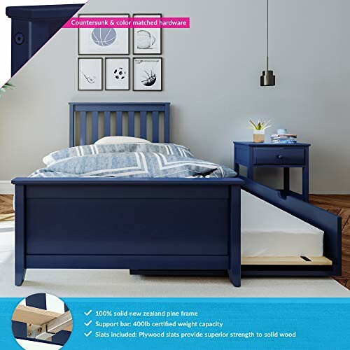 Navy blue wooden bed frame with trundle in a bedroom setting.