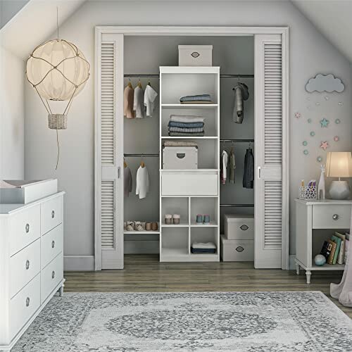 Organized kids' bedroom closet with shelves and hanging clothes.