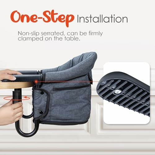 Portable baby high chair attachment with one-step installation and non-slip serrated grip.