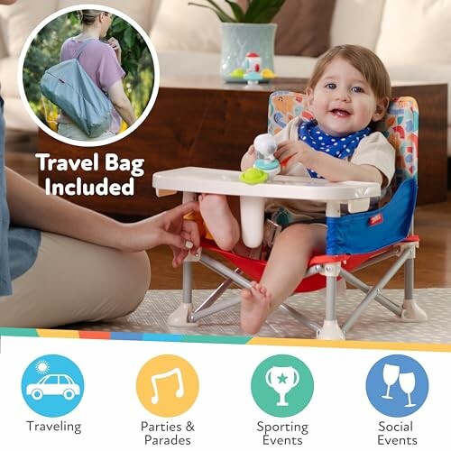 Portable baby seat with travel bag included, ideal for events and travel.