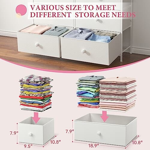 Comparison of different sizes of storage drawers with folded clothes