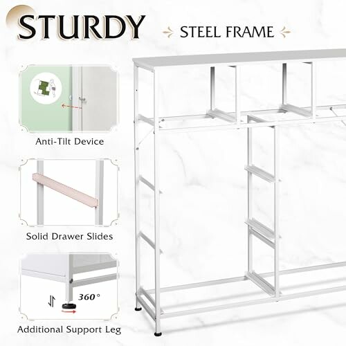 Sturdy steel frame with anti-tilt device, solid drawer slides, and additional support leg.