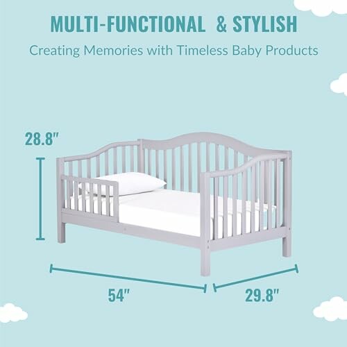 Gray toddler bed with dimensions 28.8 inches tall, 54 inches long, and 29.8 inches wide.