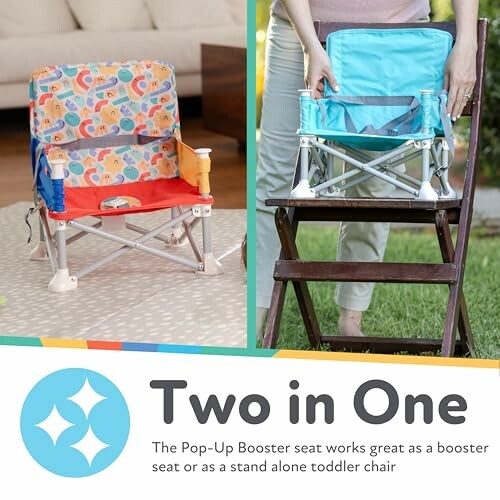 Pop-Up Booster seat in two configurations: standalone and on a chair.