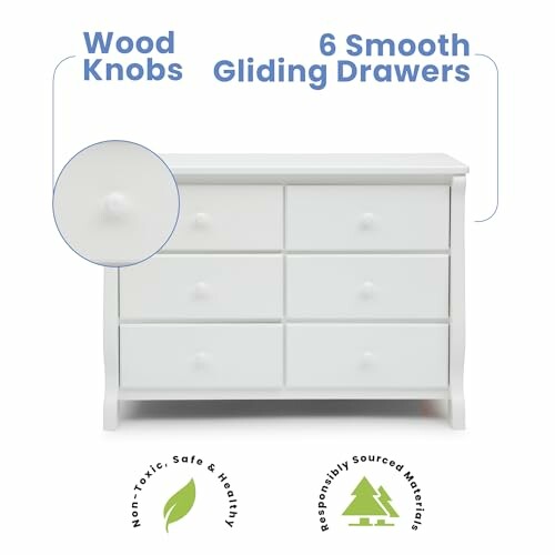 White dresser with wood knobs and six smooth gliding drawers, eco-friendly materials.