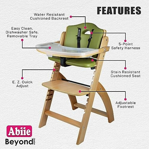 Wooden high chair with adjustable features highlighted.