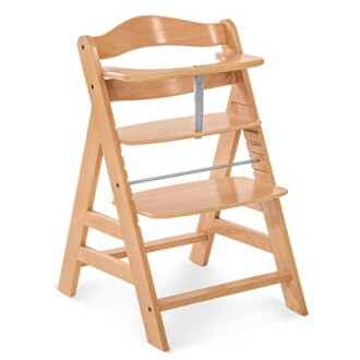 Eco-friendly wooden high chair suitable for babies.